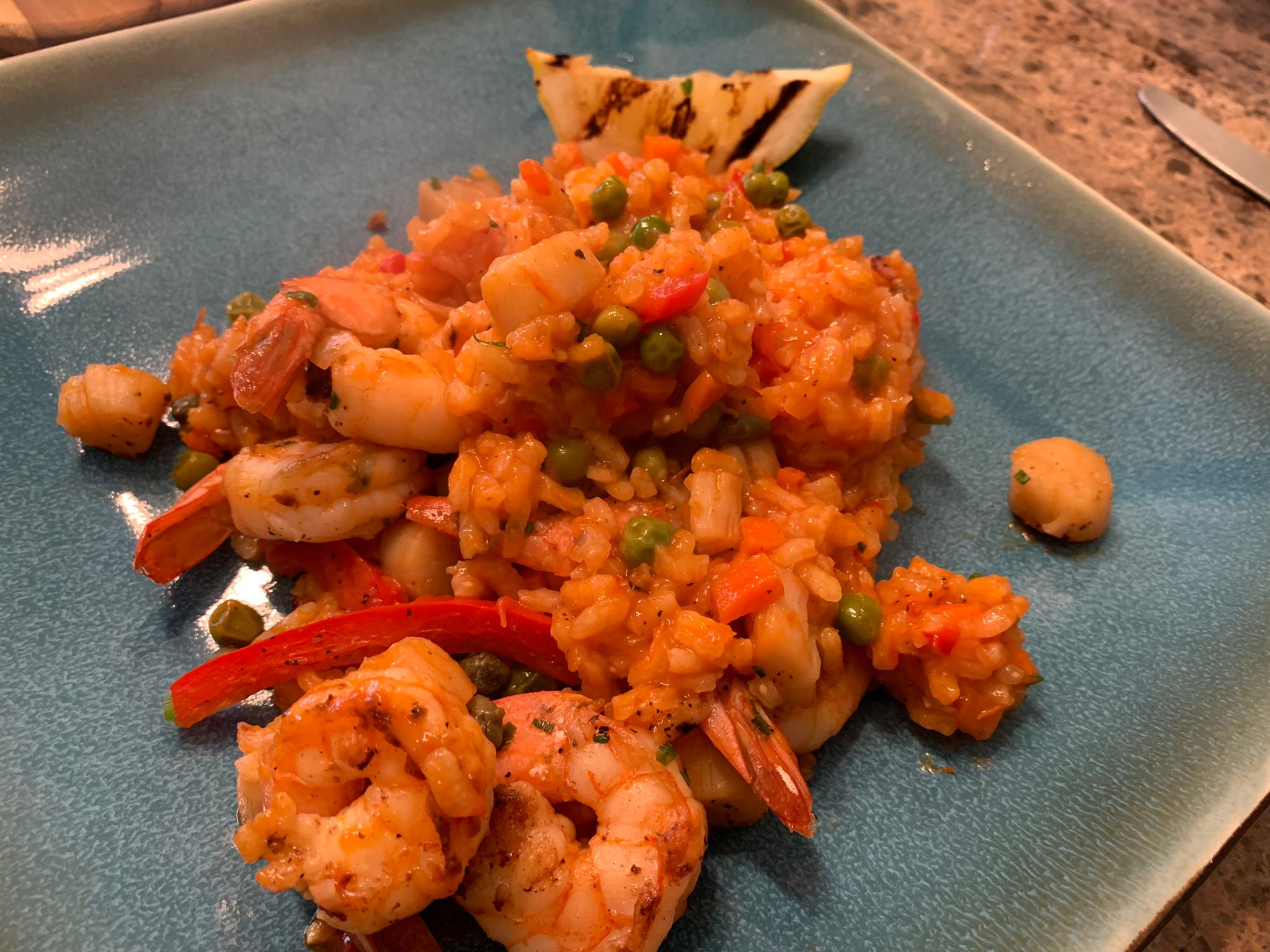A colorful private-chef seafood entrée